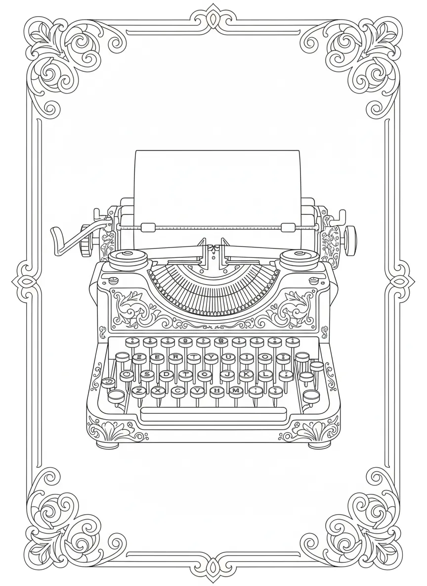 Coloriage adulte facile machine à écrire vintage rétro ancienne typewriter PDF